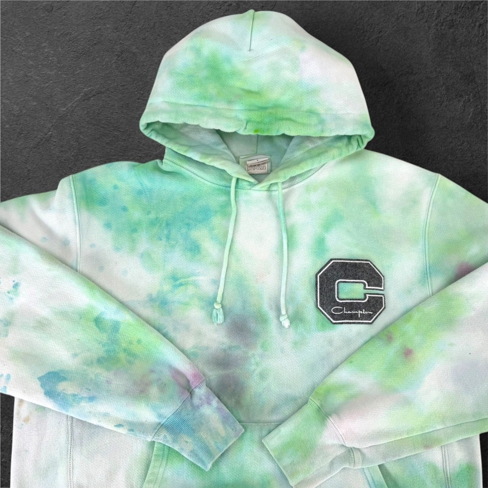Champion Reverse Weave Tie Dye Hoodie Green Blue Chenille Logo GF68 WHC Large